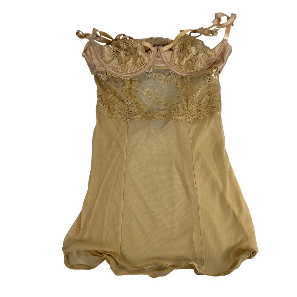 Fashion Nova Womens Tan Lace Mesh Underwire Lingerie Slip Chemise Small